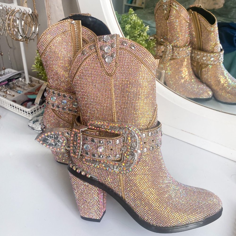GOLDEN SHERIFF SHINE COWBOY BOOTS - Rave boots, Gold/Rose Gold FITS SIZES 6.5-7